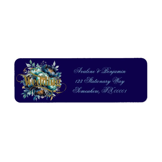 Teal Aqua Navy Blue Peony Floral Wedding Address (Front)