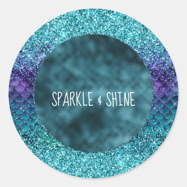 Teal Aqua Purple Mermaid Sparkle Glitter Classic Round Sticker (Front)