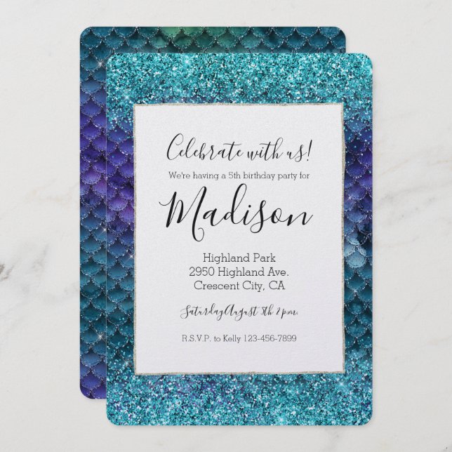 Teal Aqua Purple Mermaid Sparkle Glitter Invitation (Front/Back)