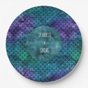 Teal Aqua Purple Mermaid Sparkle Paper Plate