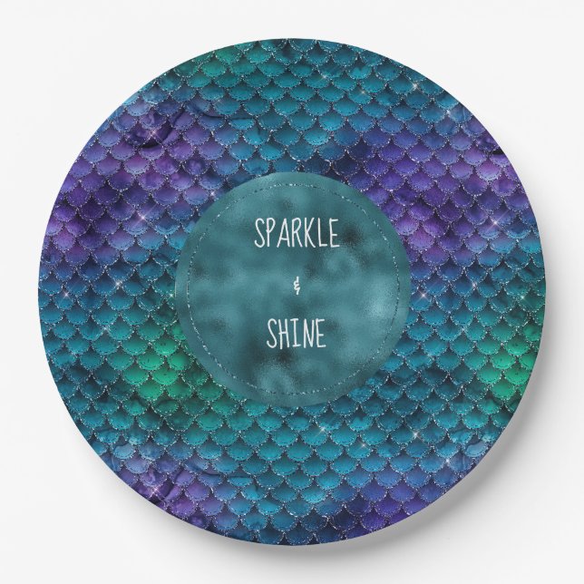 Teal Aqua Purple Mermaid Sparkle Paper Plate (Front)