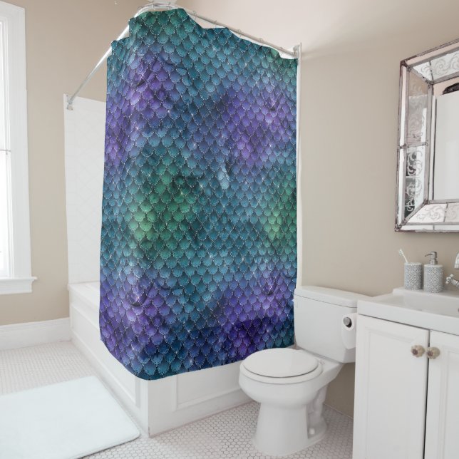 Teal Aqua Purple Mermaid Sparkle Shower Curtain (In Situ)