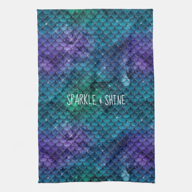 Teal Aqua Purple Mermaid Sparkle Tea Towel (Vertical)