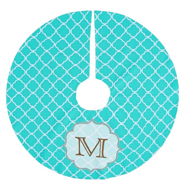 Teal Aqua Quarterfoil Monogram Initial Tree Skirt (Front)