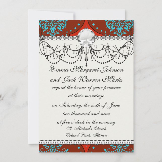 teal aqua red white henna damask invitation (Front)