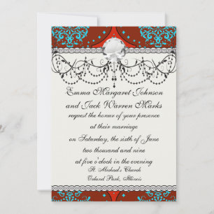 teal aqua red white henna damask invitation