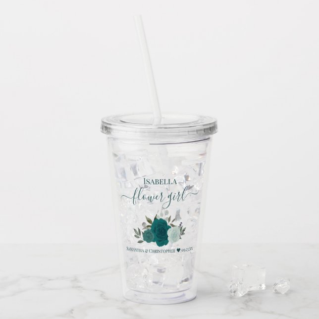 Teal & Aqua Roses Elegant Flower Girl Wedding Acrylic Tumbler (Front Ice)