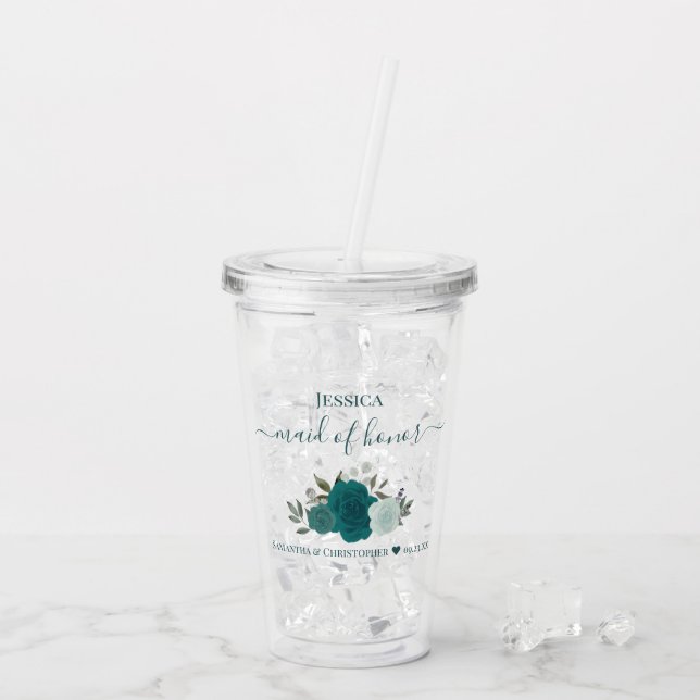 Teal & Aqua Roses Elegant Maid of Honour Wedding Acrylic Tumbler (Back Ice)