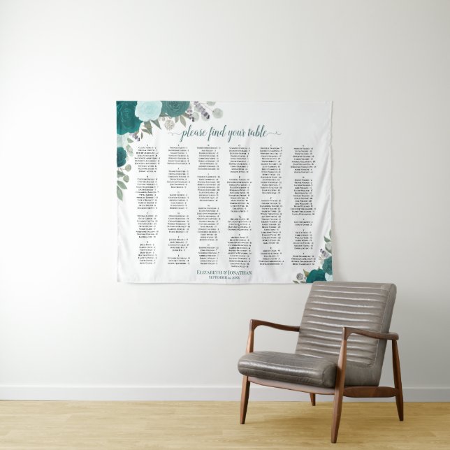 Teal & Aqua Roses Large Format Seating Chart Tapestry (In Situ (Horizontal))