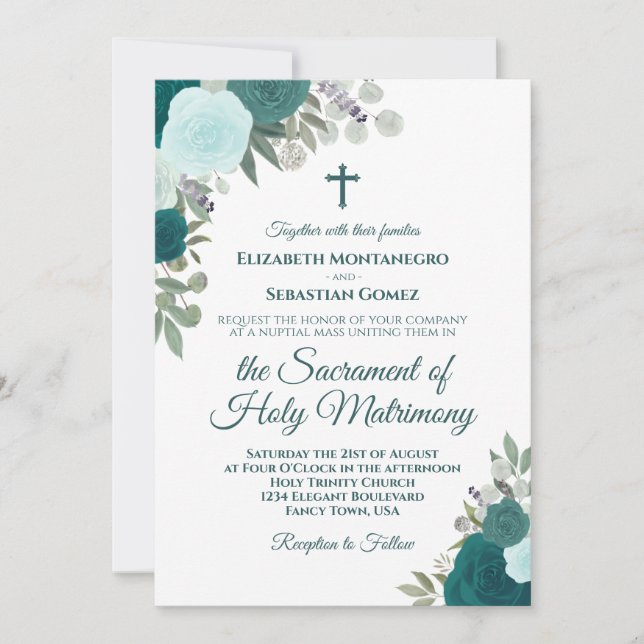 Teal & Aqua Roses Modern Catholic Wedding Invitation (Front)