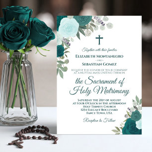 Teal & Aqua Roses Modern Catholic Wedding Invitation