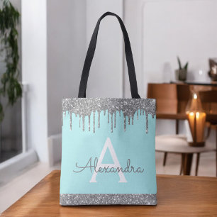 Teal Aqua Silver Glitter Sparkle Elegant Monogram Tote Bag