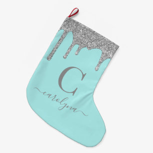 Teal Aqua Silver Sparkle Glitter Drips Monogram Large Christmas Stocking
