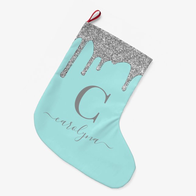 Teal Aqua Silver Sparkle Glitter Drips Monogram Large Christmas Stocking (Front (Hanging))