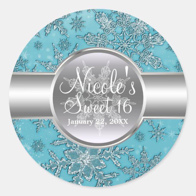 Teal Aqua Snowflakes Winter Wonderland Party Classic Round Sticker (Front)