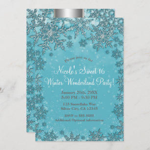 Teal Aqua Snowflakes Winter Wonderland Party Invitation
