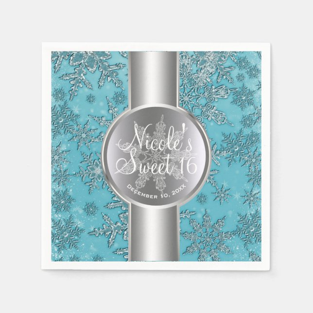 Teal Aqua Snowflakes Winter Wonderland Party Napkin (Front)