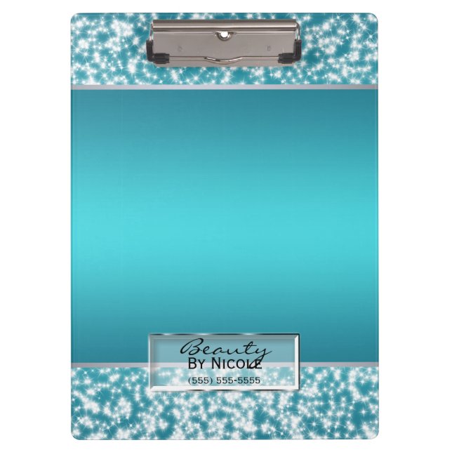 Teal Aqua Sparkle Sparkling Lights Personalised Clipboard (Front)
