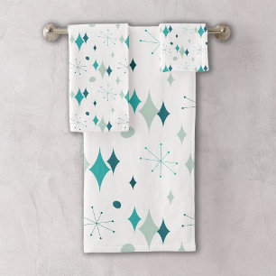 Teal, Aqua Starburst Mid Century Modern Pattern Bath Towel Set