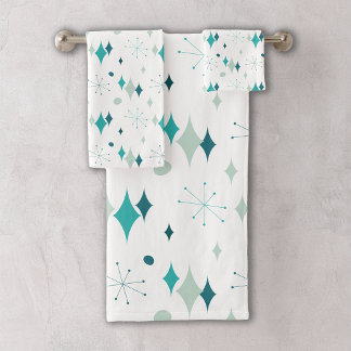 Teal, Aqua Starburst Mid Century Modern Pattern Bath Towel Set