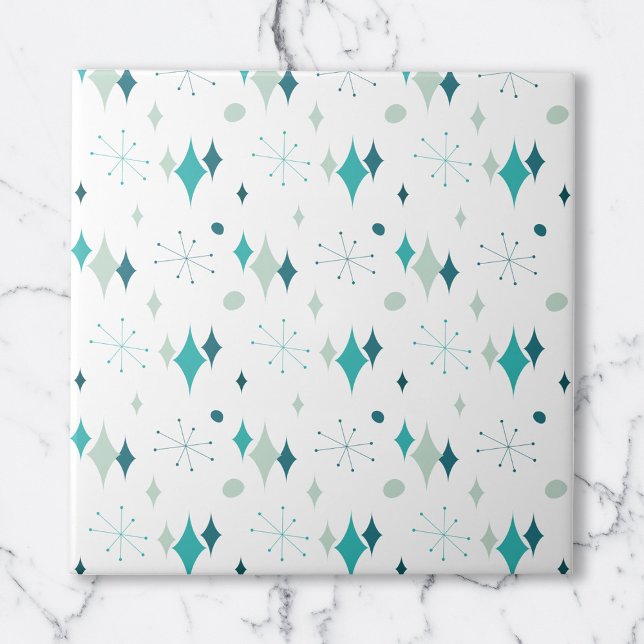 Teal, Aqua Starburst Mid Century Modern Pattern Tile (Teal, Aqua Starburst Mid Century Modern Pattern Ceramic Tile)