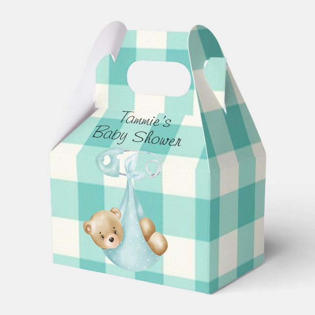 Teal Aqua Teddy Bear Diaper Gingham Baby Shower Favour Box (Front Side)