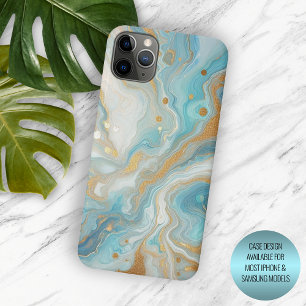 Teal Aqua Turquoise Blue Gold Marble Art Pattern iPhone 15 Pro Max Case