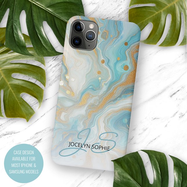 Teal Aqua Turquoise Blue Gold Marble Art Pattern Case-Mate iPhone Case (Creator Uploaded)