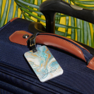 Teal Aqua Turquoise Blue Gold Marble Art Pattern Luggage Tag