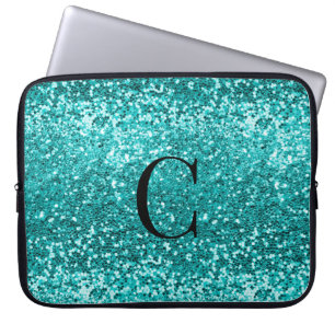 Teal Aqua Turquoise Glitter Sparkle Monogram Laptop Sleeve