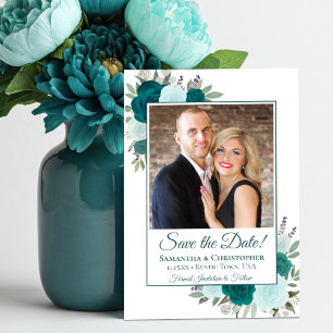Teal & Aqua Watercolor Boho Roses & Photo Wedding Save The Date