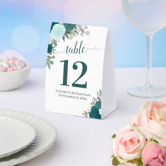 Teal & Aqua Watercolor Roses Wedding Table Number (Insitu(Wedding))