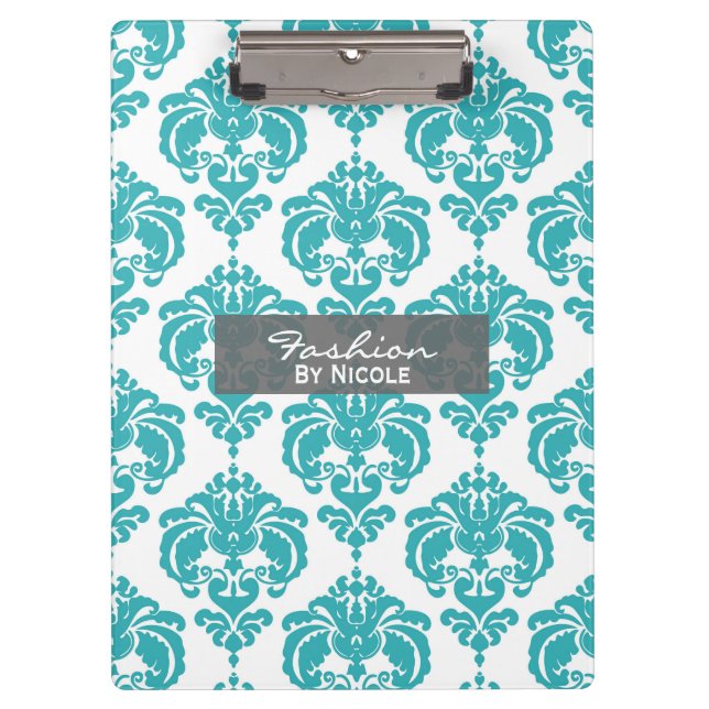 Teal Aqua White Damask Chic Glam Personalised Clipboard (Front)