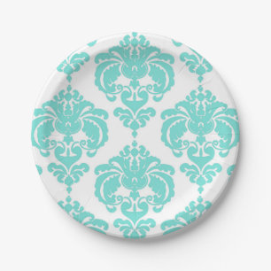 Teal Aqua & White Damask Vintage Wedding Event Paper Plate