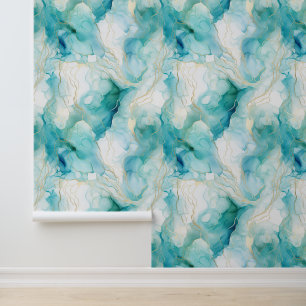 Teal Aqua White Gold Marble Wallpaper