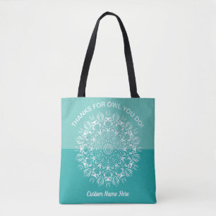 Teal Aqua white owl mandala teacher appreciation Tote Bag
