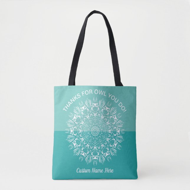 Teal Aqua white owl mandala teacher appreciation Tote Bag (Front)