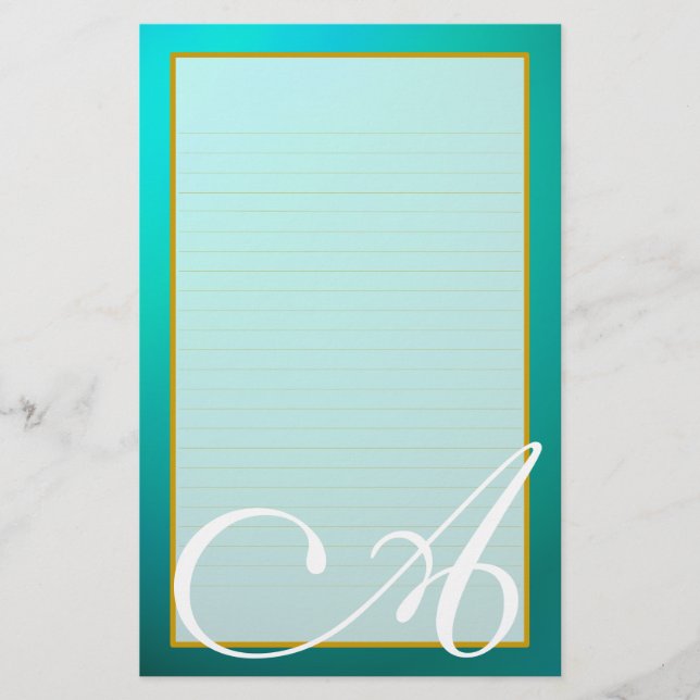 Teal Aquamarine Monogram Fine Lined Stationery (Front)
