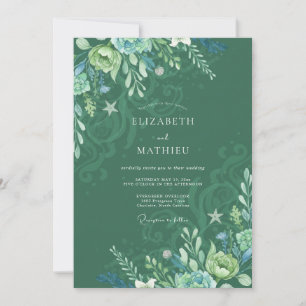 Teal Aquatic Seaweed Eucalyptus Wedding Invitation