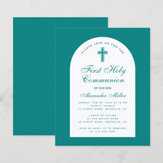 Teal Arch Budget Boy First Communion Invitation (Front/Back)