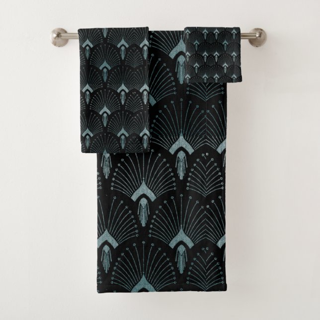 Teal Art Deco,art nouveau pattern, art deco black Bath Towel Set (Insitu)