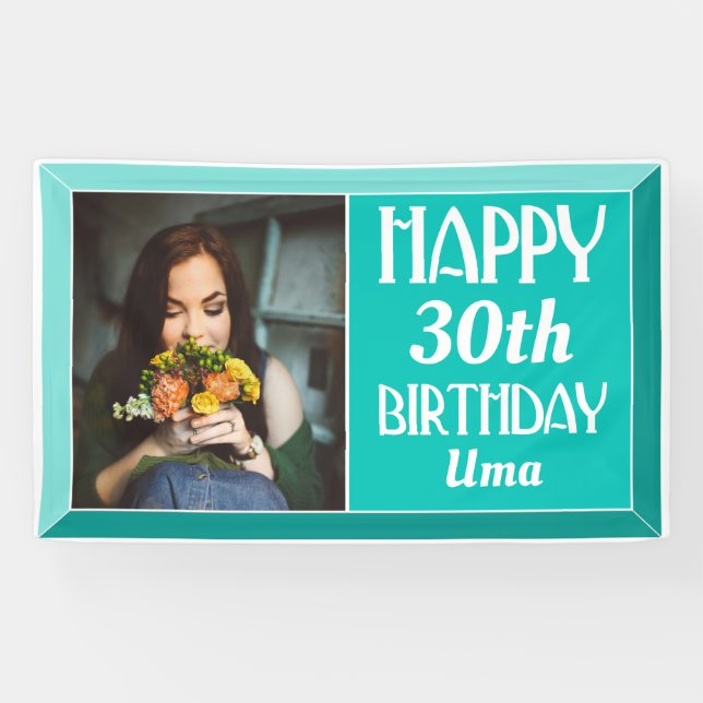 Teal Art Deco Beveled Photo Birthday Banner (Horizontal)
