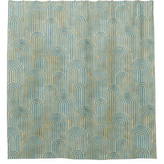 teal ,art deco, fan pattern,teal,gold,deco,metalli shower curtain