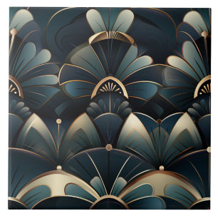 Teal Art Deco Floral Fans with Golden Lines Tile
