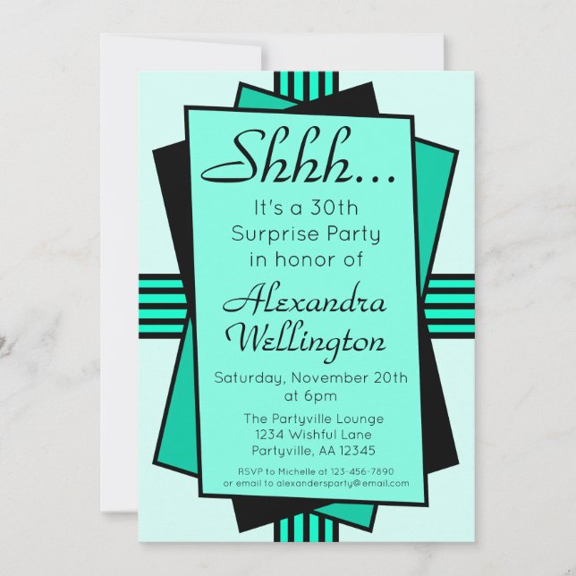 Teal Art Deco Surprise Party Birthday Invitation (Front)