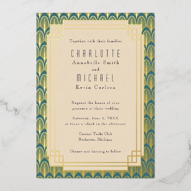 Teal Art Deco Vintage gold Foil Invitation (Front)