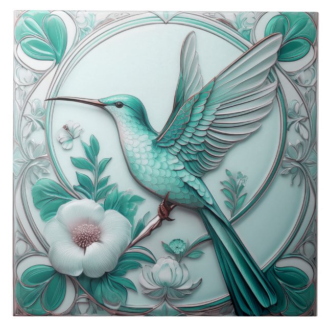 Teal Art Nouveau floral hummingbird faux relief Tile (Front)