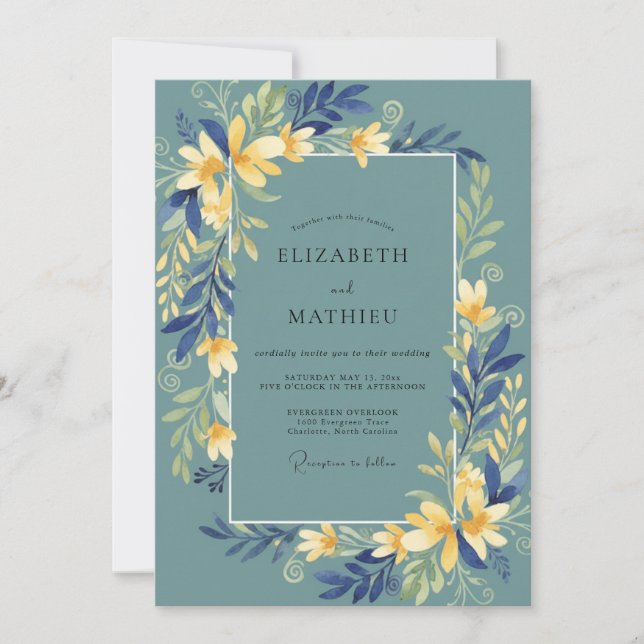 Teal Artistic Botanical Flourish Wedding Invitation (Front)
