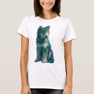 Teal Artistic Husky Wolf Pup Portrait Women T-Shirt