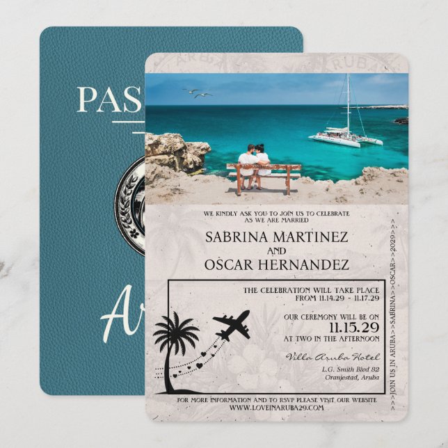Teal Aruba Passport Wedding Invitation (Front/Back)